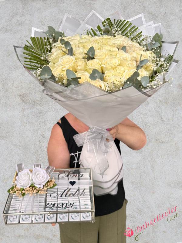 41 Beyaz Gül Canlı Ve Çikolatamız