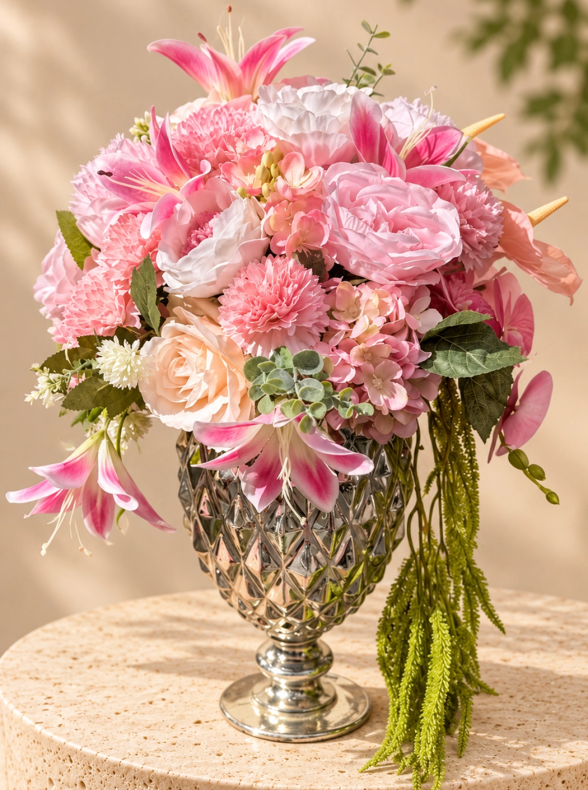 Gümüş Kristal Vasoda Pembe Lilium Orkide Ve Gül Aranjmanı