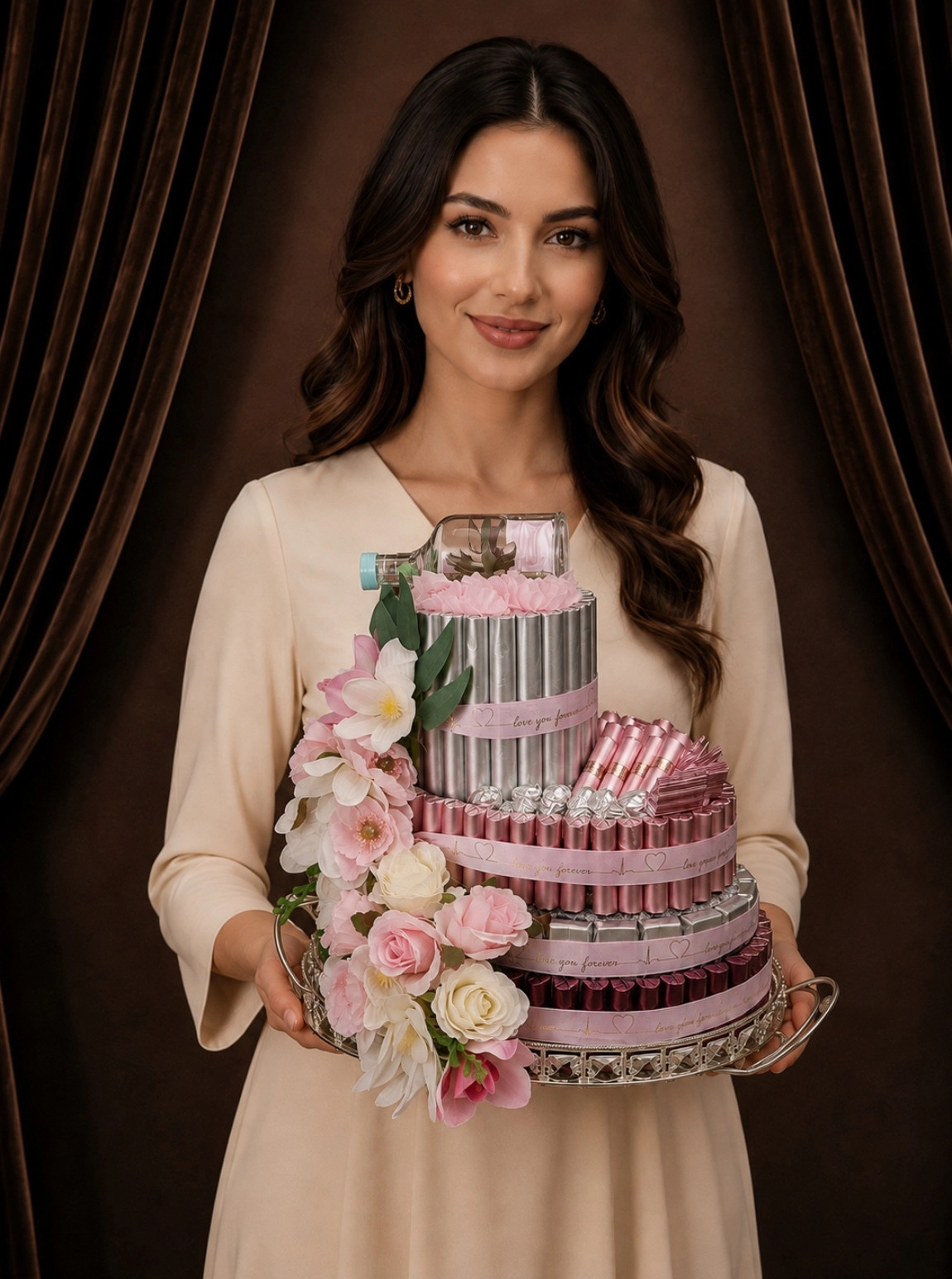 Gümüş Tepside Pembe Güller Ve Çok Kat