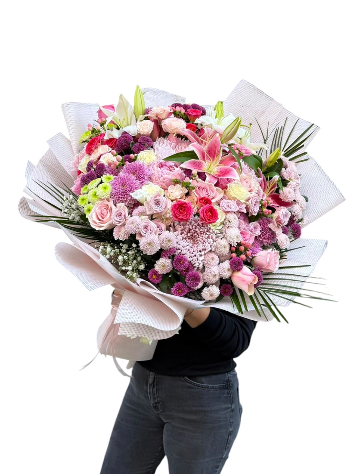 Lüks Pembe Lilyum Ve Karışık Mevsim Çiçekleri Büyük Boy Buketi