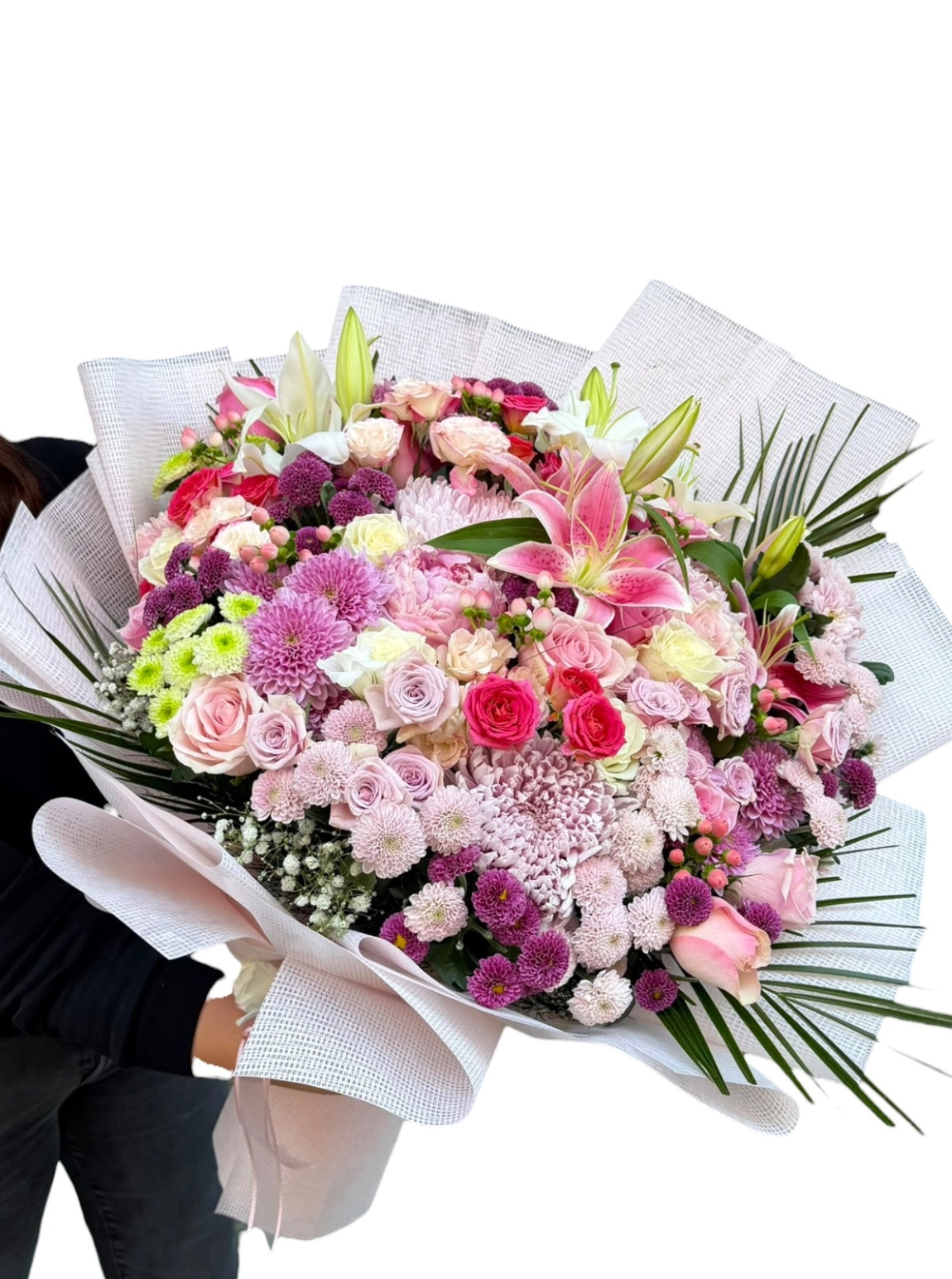 Lüks Pembe Lilyum Ve Karışık Mevsim Çiçekleri Büyük Boy Buketi