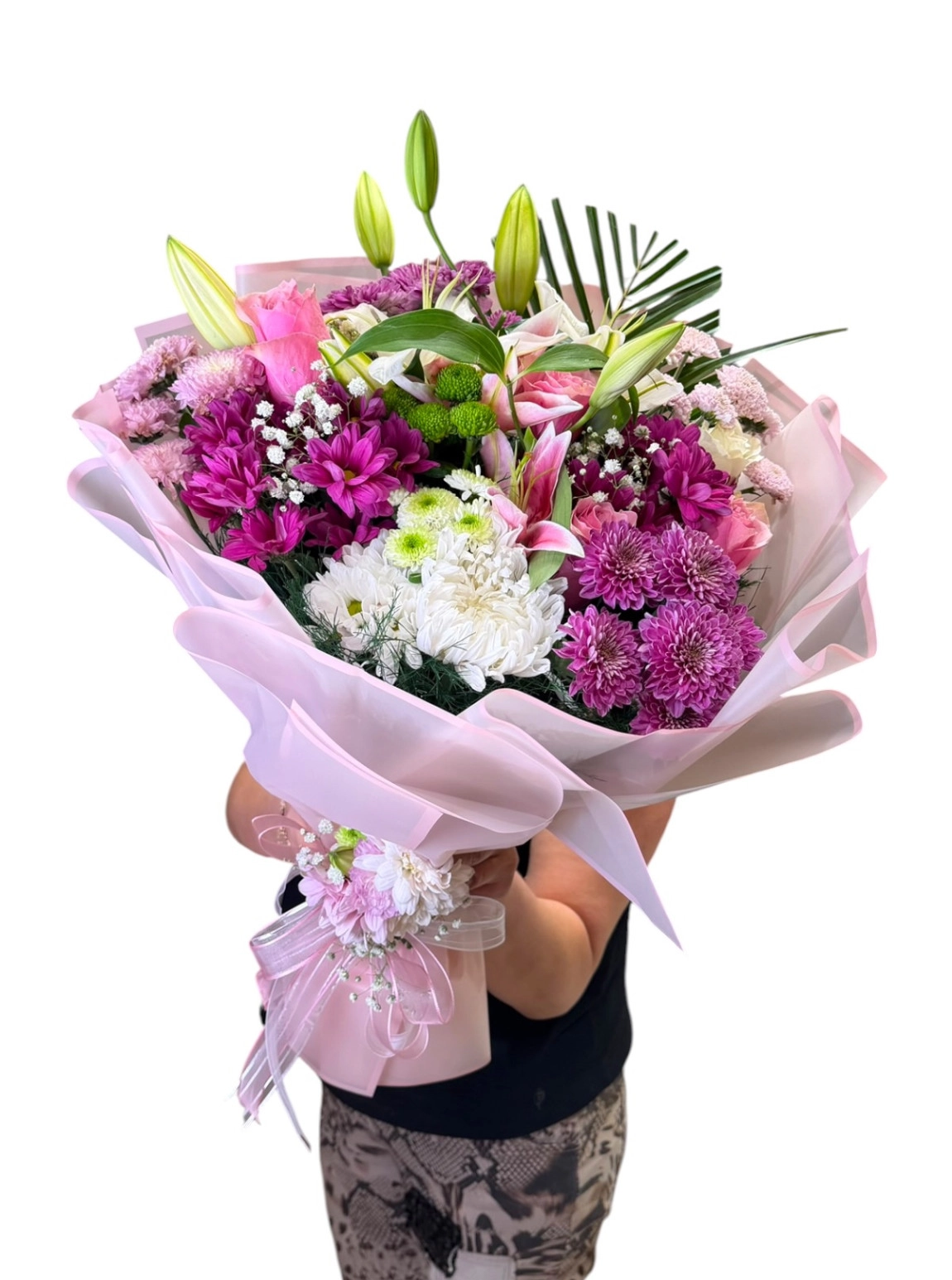 Pembe Lilyum Ve Karışık Krizantem Çiçek Buketi