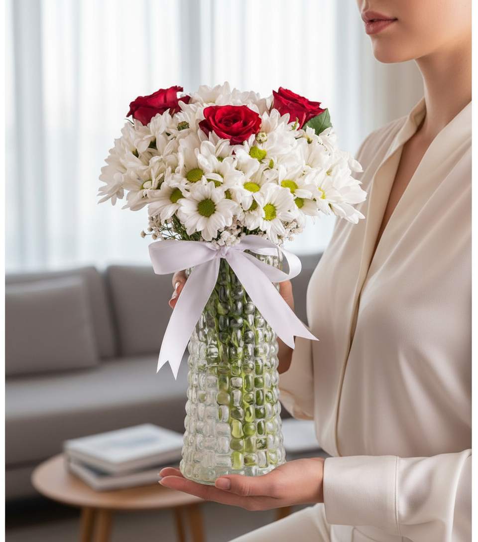 3 Adet Gül Ve Papatya Aranjmanı