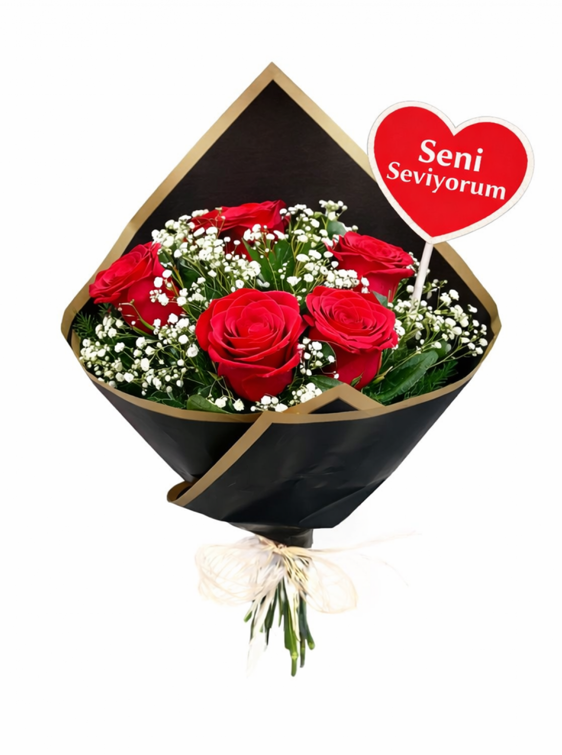 Siyah Gold Ambalajlı 5’Li Kırmızı Gül – Seni Seviyorum