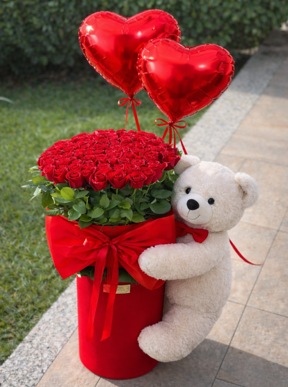 41 Kırmızı Gül & Kalpli Balonlu Ayıcık Aranjmanı – Sevgililer Günü’ne Özel