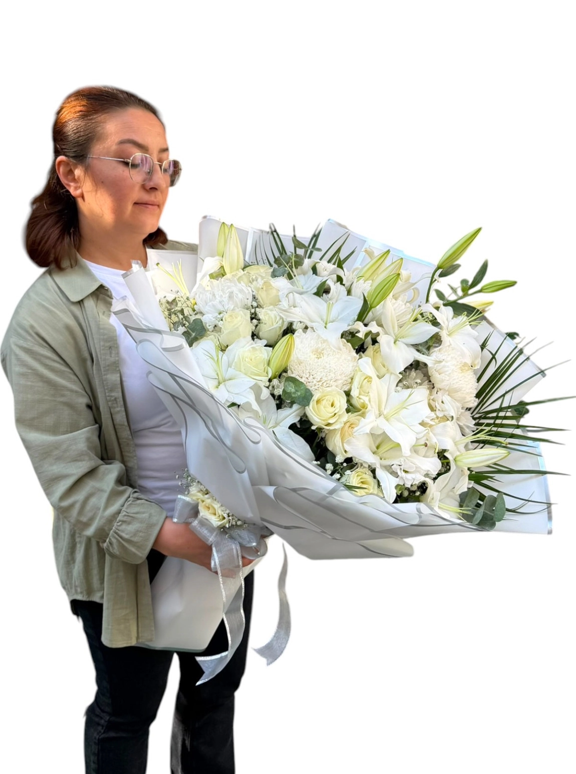 Beyaz Lilyum Krizantem Ve Gül Detaylı Büyük Boy Lüks Buket