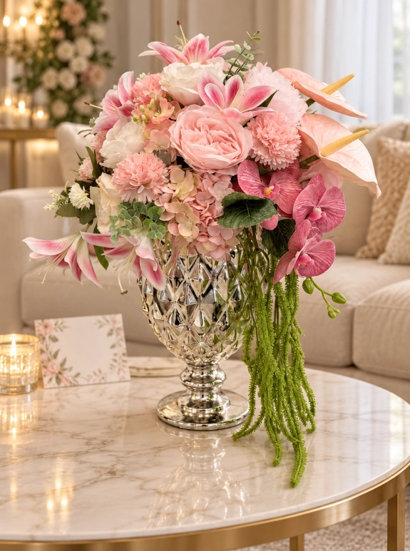 Gümüş Kristal Vasoda Pembe Lilium Orkide Ve Gül Aranjmanı