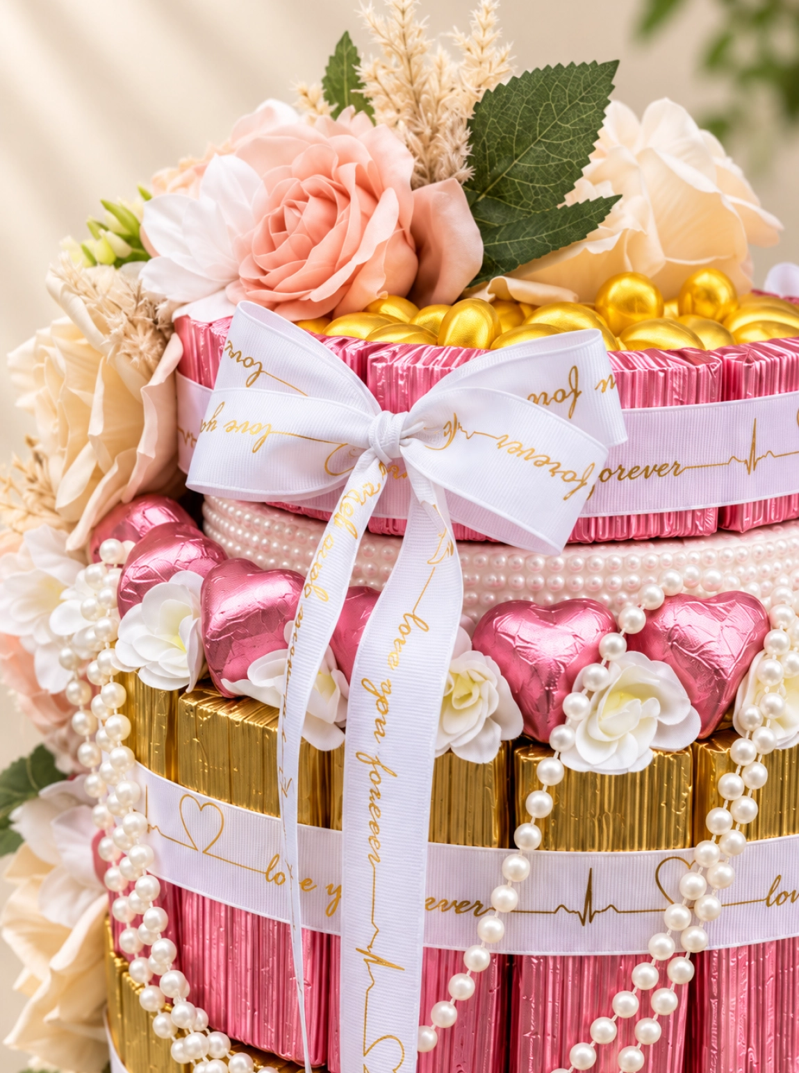 Lüks Gold  Ayaklı Pembe Ve Gold Çikolata Aranjmanı