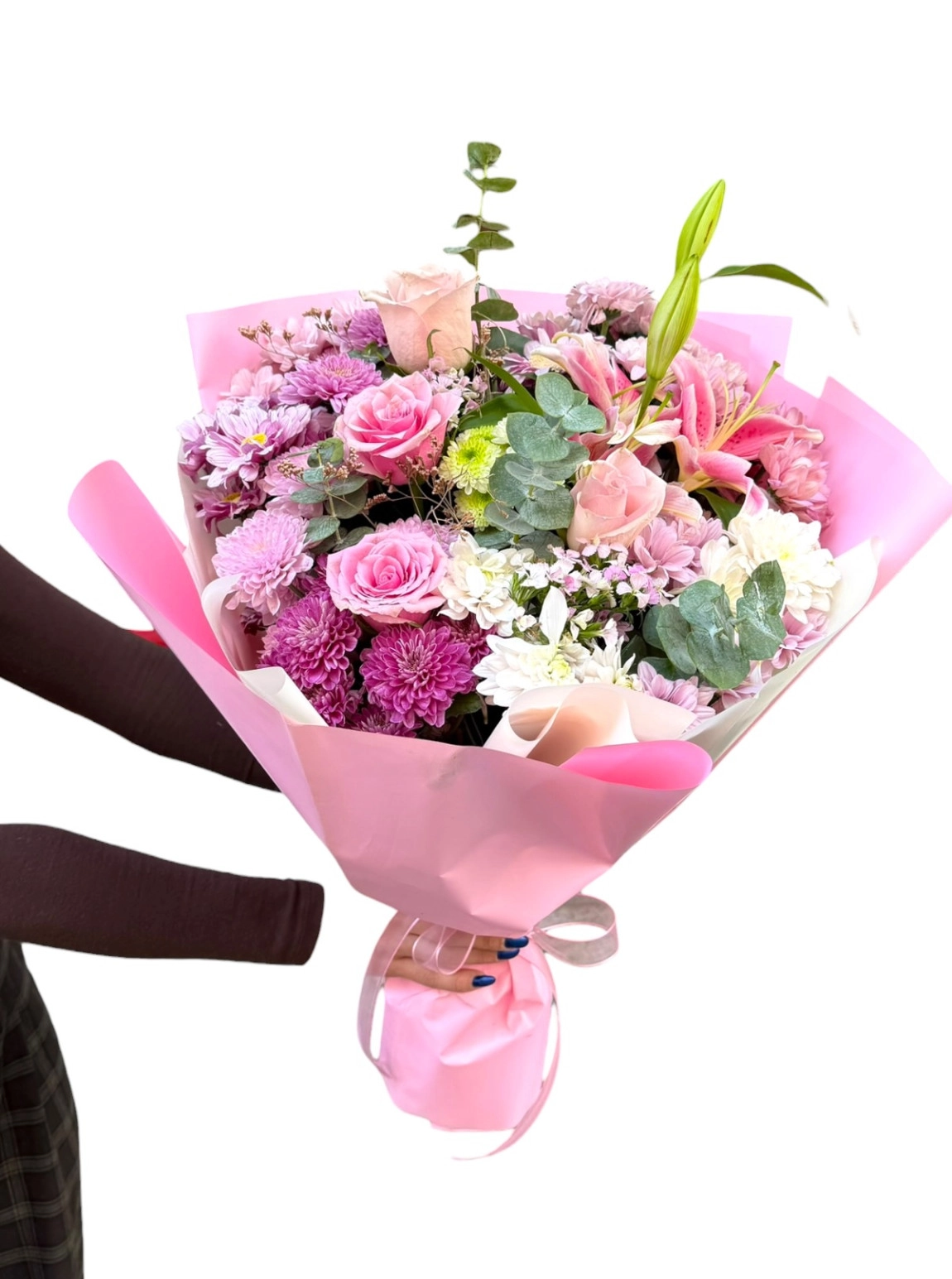 Pembe Gül Ve Lilyum Detaylı Karışık Mevsim Çiçekleri Buketi