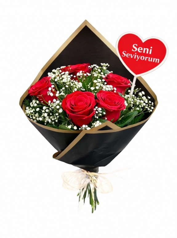 Siyah Gold Ambalajlı 5’Li Kırmızı Gül – Seni Seviyorum